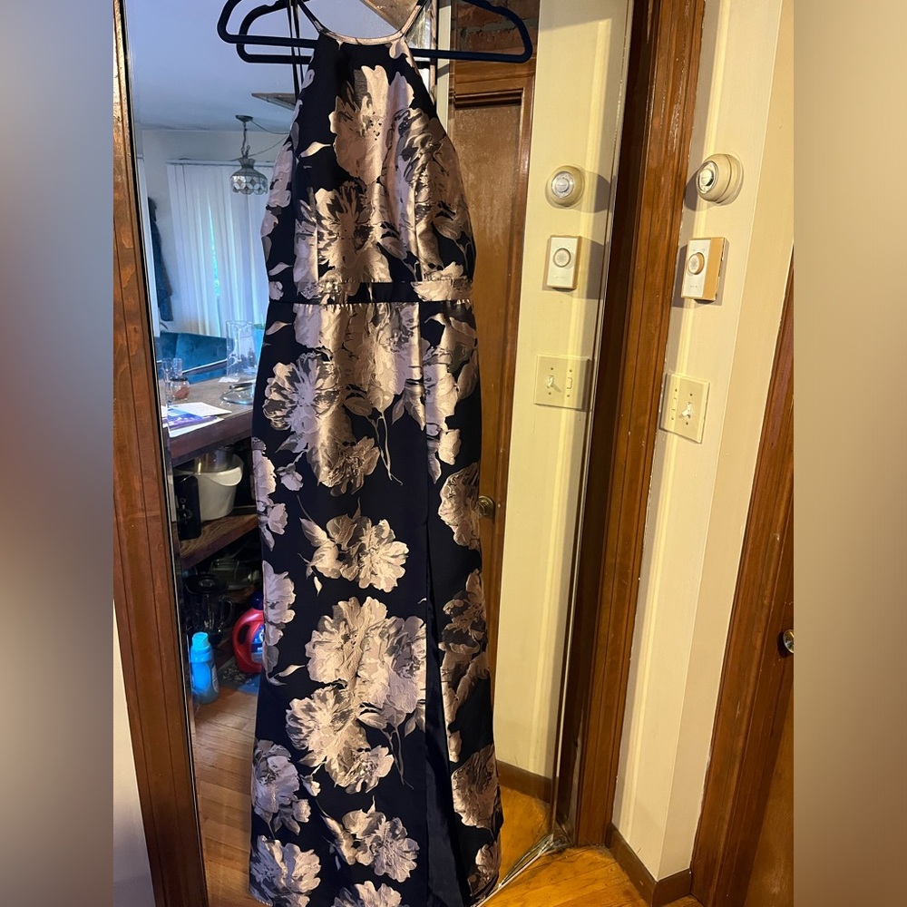 Dylan Grey Navy Blue & Gold flower Prom Dress